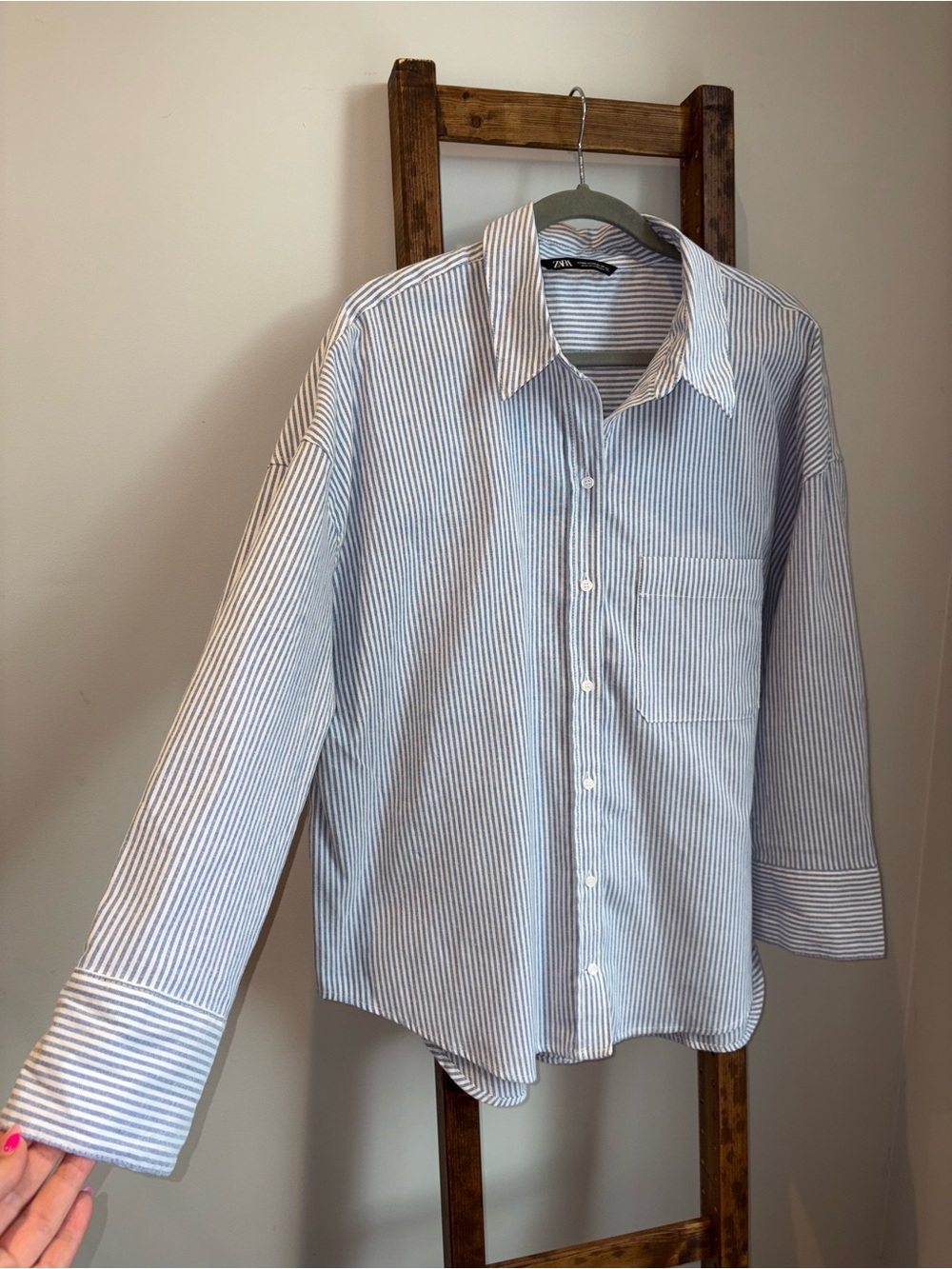 Zara Blue & White Striped Oversized Button-Up Shirt XXL Heavyweight Cotton Blend